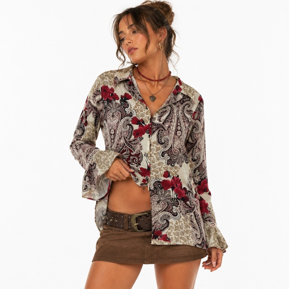 Sag Harbor Paisley Floral Button Up Blouse Cream Red Bell Sleeve Hippie Sz 8